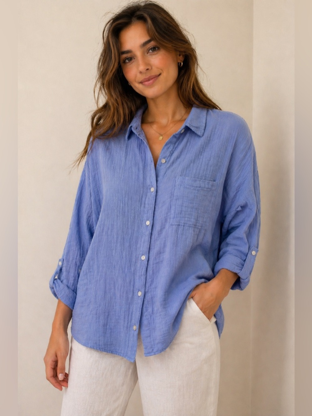 Terra & Sky Blue Gauze Button Down Shirt Relaxed Boho Casual NWT
